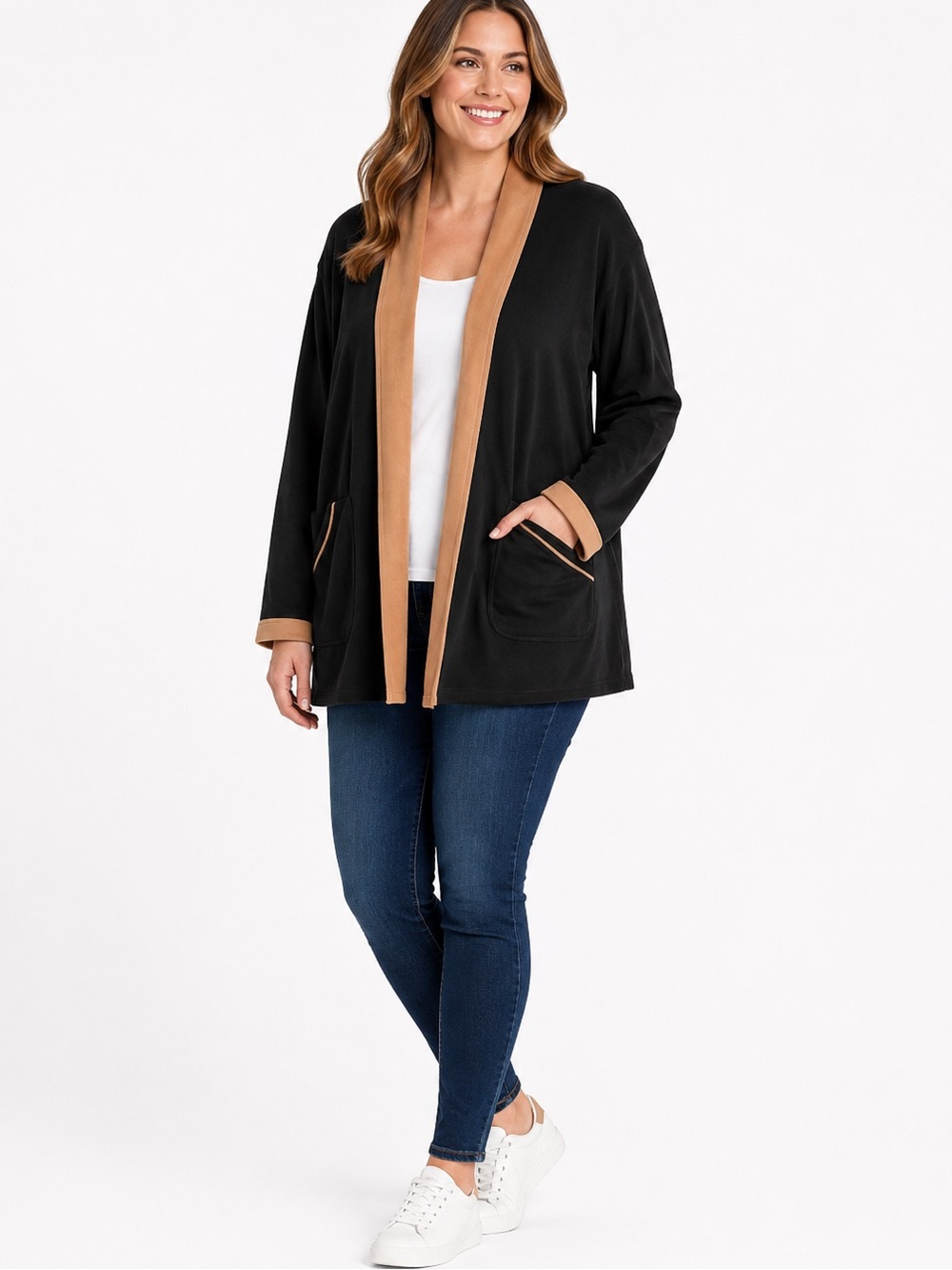 Junonia Black and Tan Open Front Fleece Cardigan. Size 1X